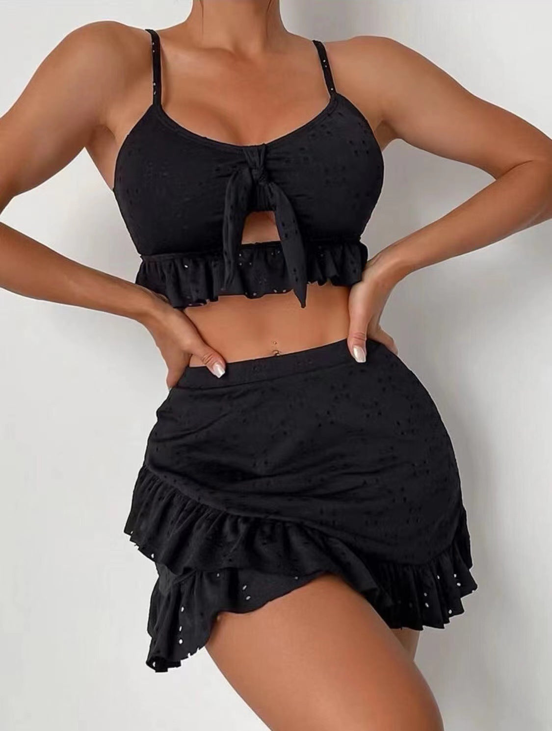 Bikini de playa de 3 piezas con falda ajustada a la cadera, diseño de volantes a la moda, conjunto de traje de baño, ropa de verano para mujer
