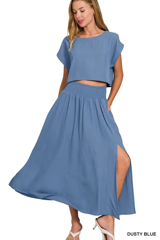 Shop Zenana Woven Crinkle Gauze Crop Tee and Skirt Set - Women's Fashion | Akatonbo