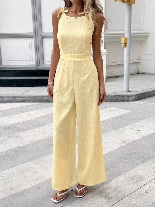 Shop Tie Strap Textured Wide Leg Jumpsuit - Women's Fashion | Akatonbo