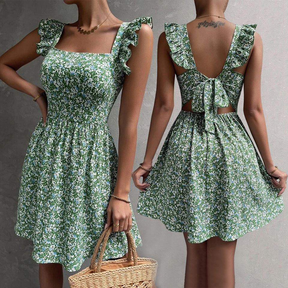 Summer Square-Neck Ruffled Sleeveless Dress With Bow-Tie Backless Design Fashion Casual Holiday Beach Dresses For Womens Clothing