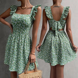 Summer Square-Neck Ruffled Sleeveless Dress With Bow-Tie Backless Design Fashion Casual Holiday Beach Dresses For Womens Clothing