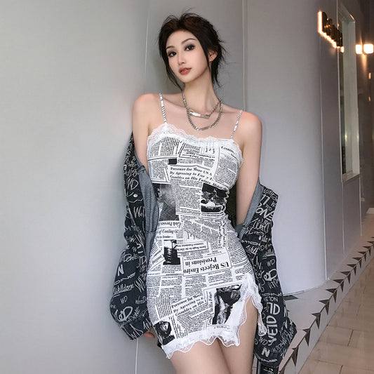 Akatonbo Hong Kong-Style Retro Lace Suspender Skirt Newspaper Style Print