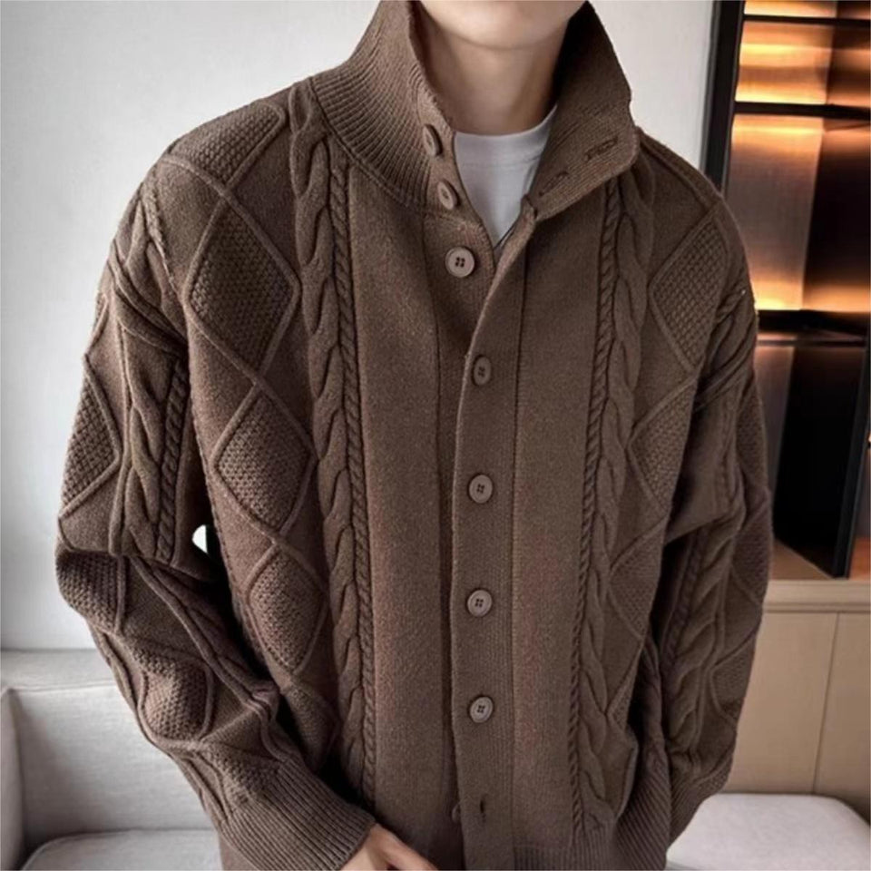 Solid Color Prismatic Plaid Sweater Coat Loose All-match Retro Lapels Long Sleeve Knitted Cardigan