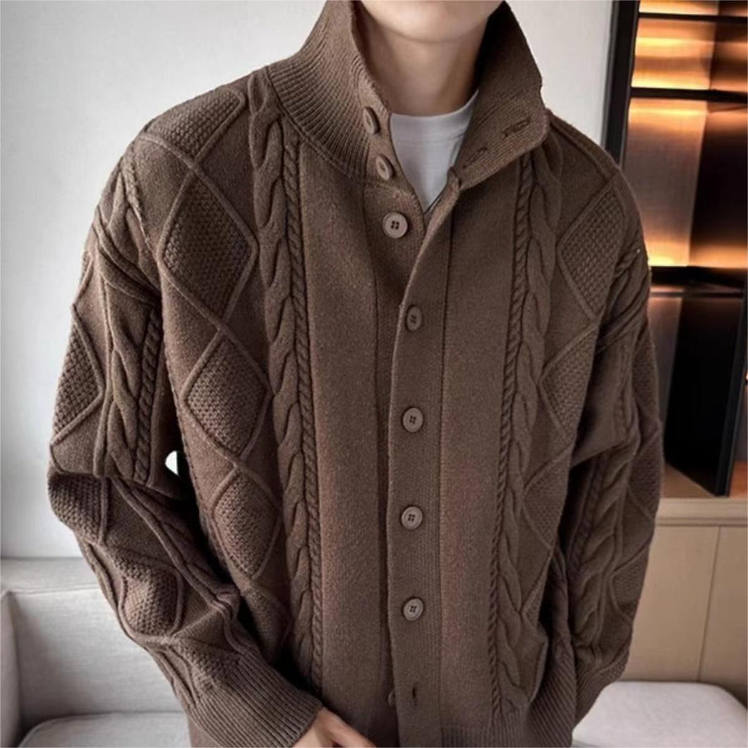 Solid Color Prismatic Plaid Sweater Coat Loose All-match Retro Lapels Long Sleeve Knitted Cardigan