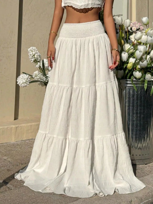 Shop Smocked Tiered Flowy Maxi Skirt - Women's Fashion | Akatonbo