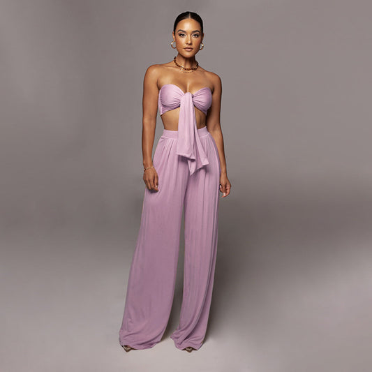 Akatonbo Women'S Tube Top Mid-Waist Wide-Leg Pants Two-Piece Set
