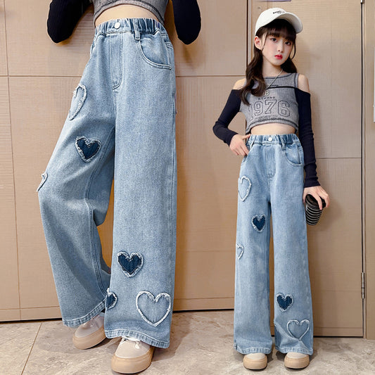 Akatonbo Girls' Love Raw Edge Denim Wide-Leg Pants