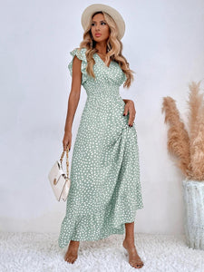 Women's V-neck Dress Summer Ruffled Sleeveless Long Dresses High Waist Clothing