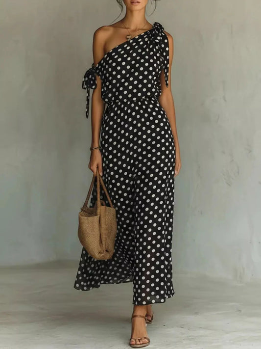 Shop Full Size Polka Dot One-Shoulder Maxi Dress with Tie Details Plus Size - Women's Fashion | Akatonbo