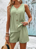 Women's Fashion Loose Sleeveless Solid Color Buttons Top Two-piece shorts Set