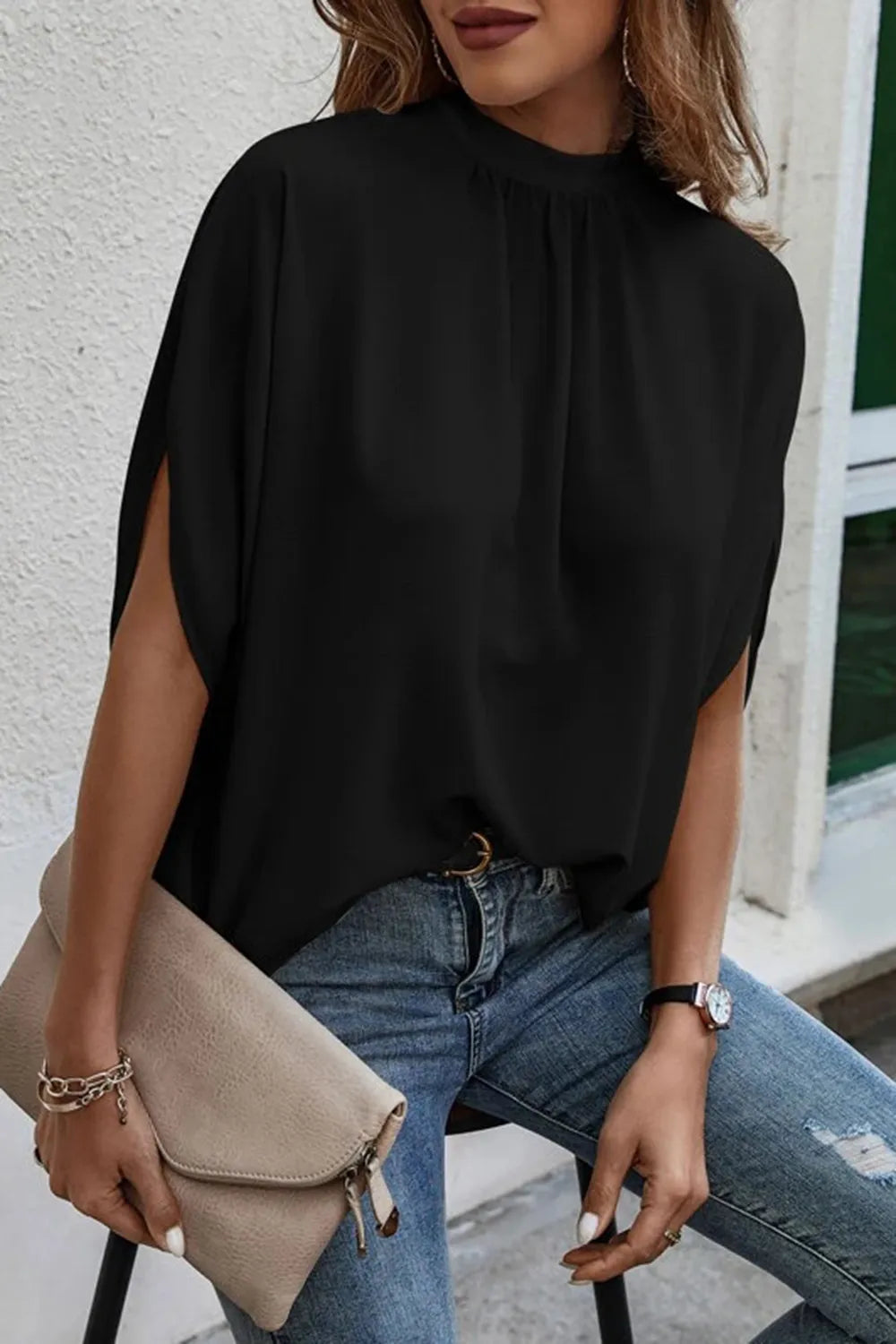 Shop Tie Back Slit Half Sleeve Blouse - Women's Fashion | Akatonbo