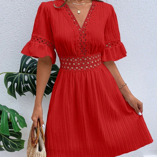 Vestido corto de verano y primavera con cuello en V y cordones