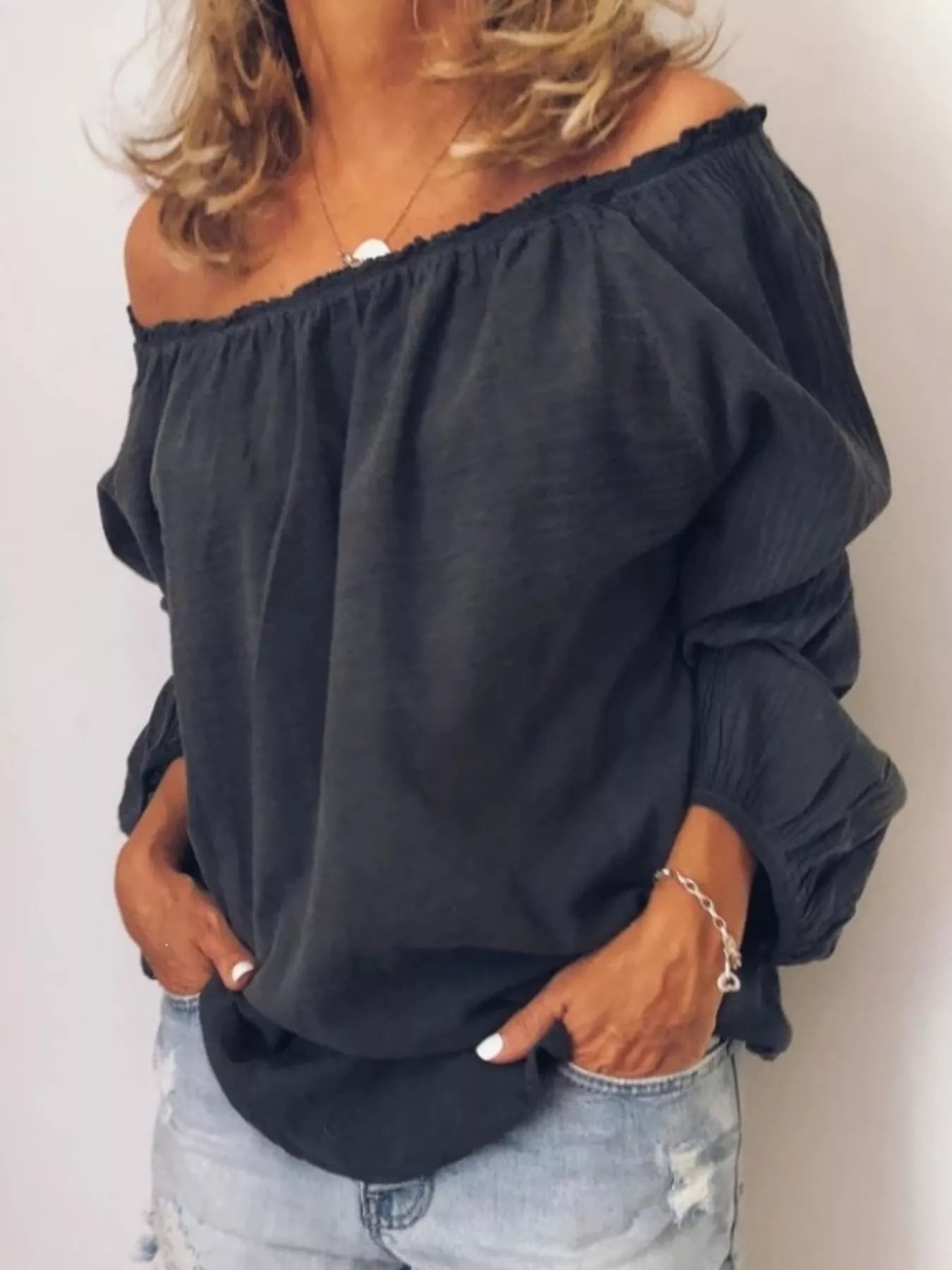 Shop Off-Shoulder Frill Trim Blouse - Women's Fashion | Akatonbo