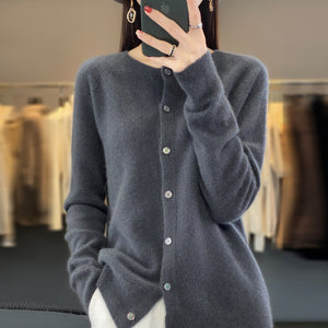 Women's Cashmere Cardigan O-neck Loose Sweaters Top Fashion Merino Wool Knitwear Autumn Winter Female Clothing Tops