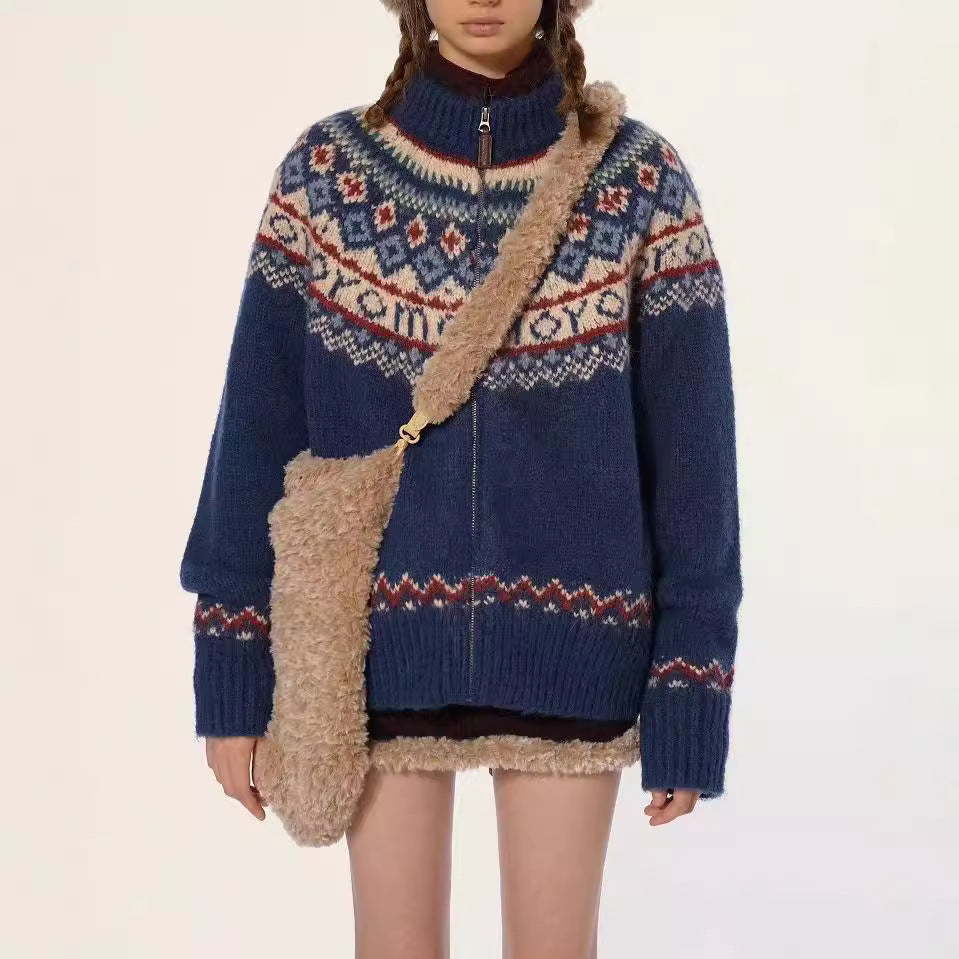 Suéter vintage para mujer, otoño, engrosado, cuello alto, cárdigan de punto, abrigo universitario