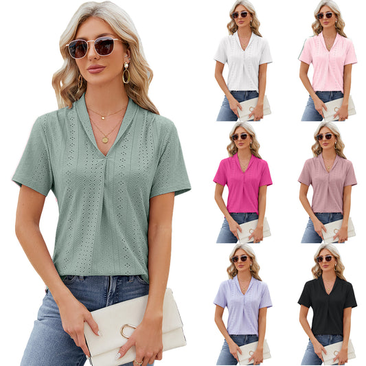 Akatonbo V-Neck Hollow Design T-Shirt Summer Loose Short-Sleeved Top For Womens Clothing