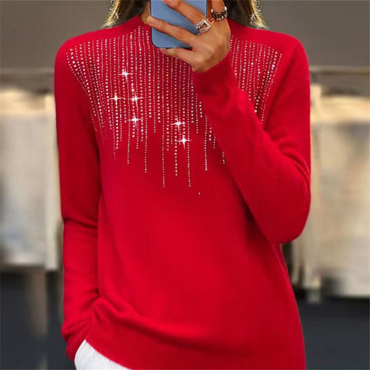 Akatonbo Women'S Pullover Sweater Half-High Collar With Diamonds