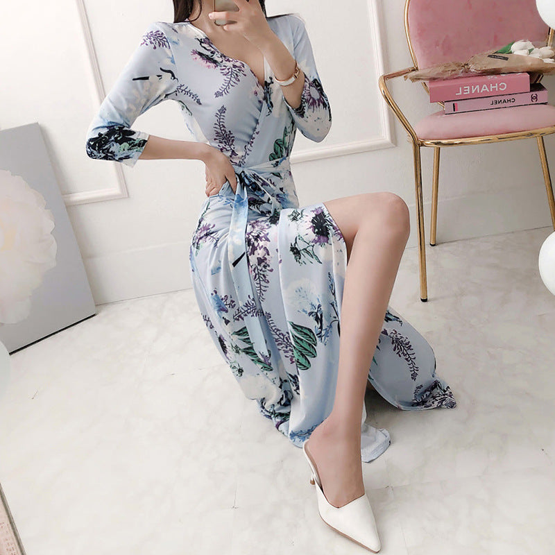 Slim Slimming Temperament Lace V-neck Waist Dress Women