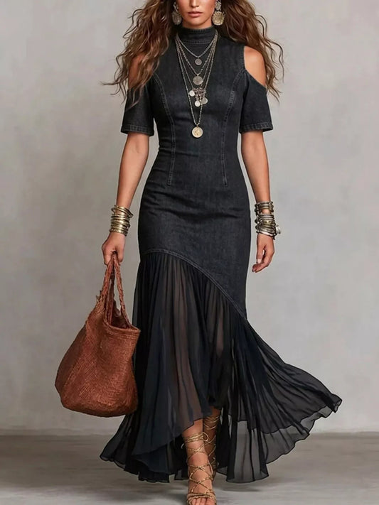 Shop Mock Neck Cold Shoulder Ruffle Hem Maxi Dress - Women's Fashion | Akatonbo