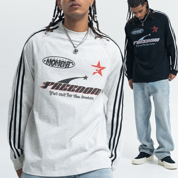 Letter Printed Raglan Three Bars Long Sleeve Bottoming Top Men