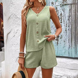 Women's Fashion Loose Sleeveless Solid Color Buttons Top Two-piece shorts Set