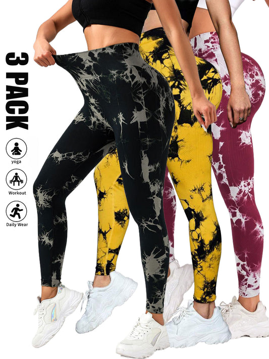 Legging de sport tie-dye sans coutures pour femme, lot de 3, taille haute, pour la gym et le yoga, legging sans coutures taille haute pour femme