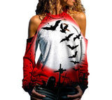 Snoopy Halloween Off Shoulder Printed Top Womens Casual Loose Stitching Long Sleeved T Shirt