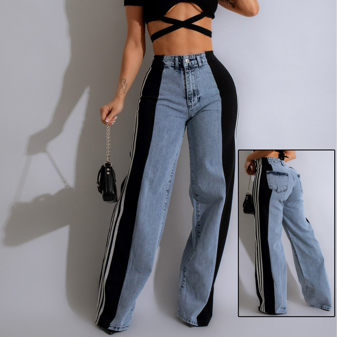 Pantalon large en jean à rayures patchwork trois bandes, taille haute élastique, coupe droite, décontracté, streetwear, collection 2024