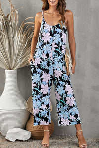 Flowers Print Suspender Jumpsuit With Pockets Spring Summer Fashion Round-neck Overalls For Womens Clothing