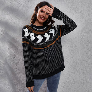 Snoopy Halloween Cartoon Ghost Polka Dot Pullover Sweater Autumn And Winter Loose Long-sleeved Knitted Tops For Women