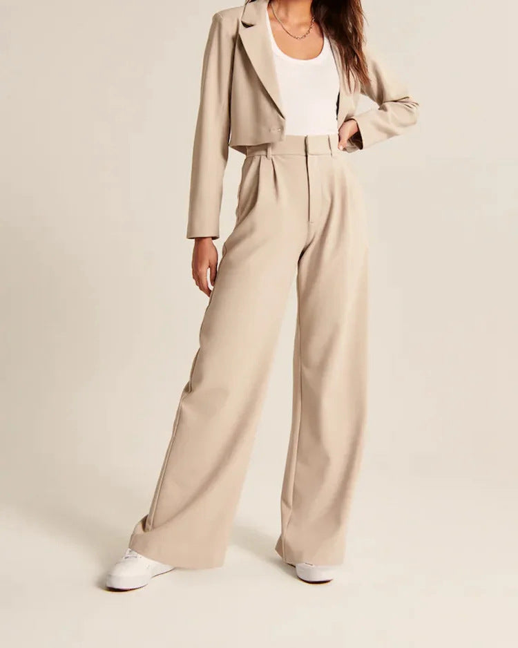 Pantalones rectos de cintura alta con bolsillos y pernera ancha informales para mujer