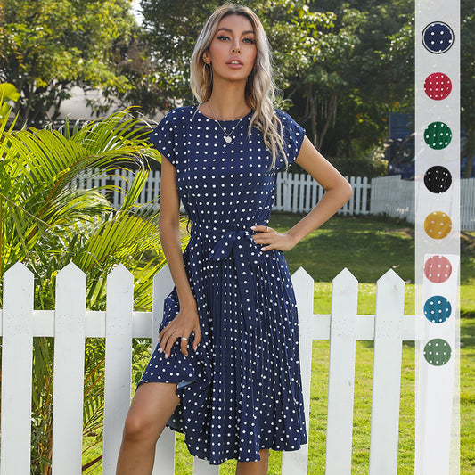Akatonbo Summer Women Polka Dot Short Sleeve Dress Casual Bandage Party Pleated Midi Dresses Elegant Green Office Lady Clothing