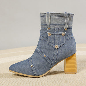 Denim Pointed Toe Chunky Heel Martin Boots Women