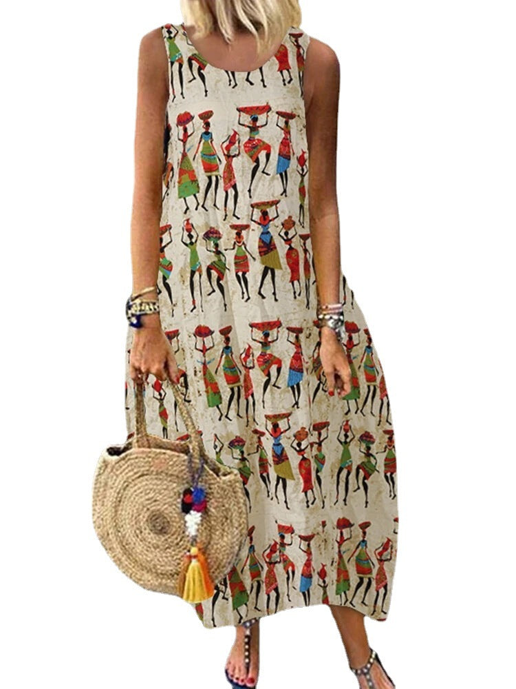 New European And American Literary Print Sleeveless Dress