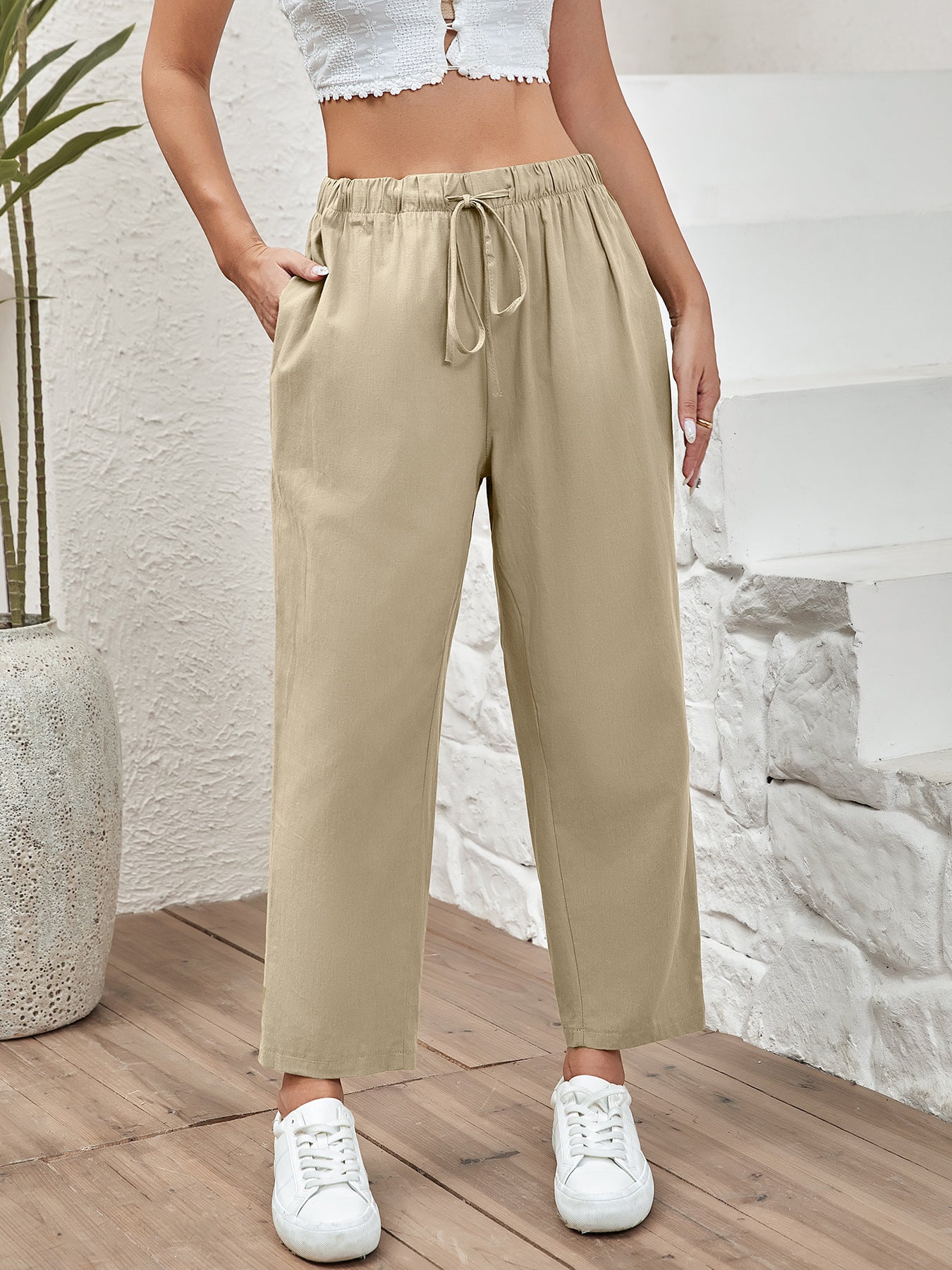 Women's Drawstring Elastic Cotton And Linen Casual Cropped Pants