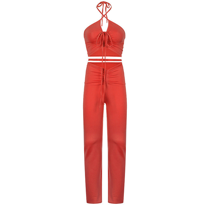 Hot Drawstring Halter Top And High Waist Flare Pants 2 Piece Set