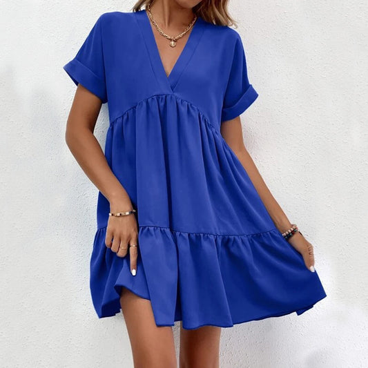 Nuevo vestido de manga corta con cuello en V, vestido dulce informal de verano con volantes, vestido de playa de color liso para ropa de mujer