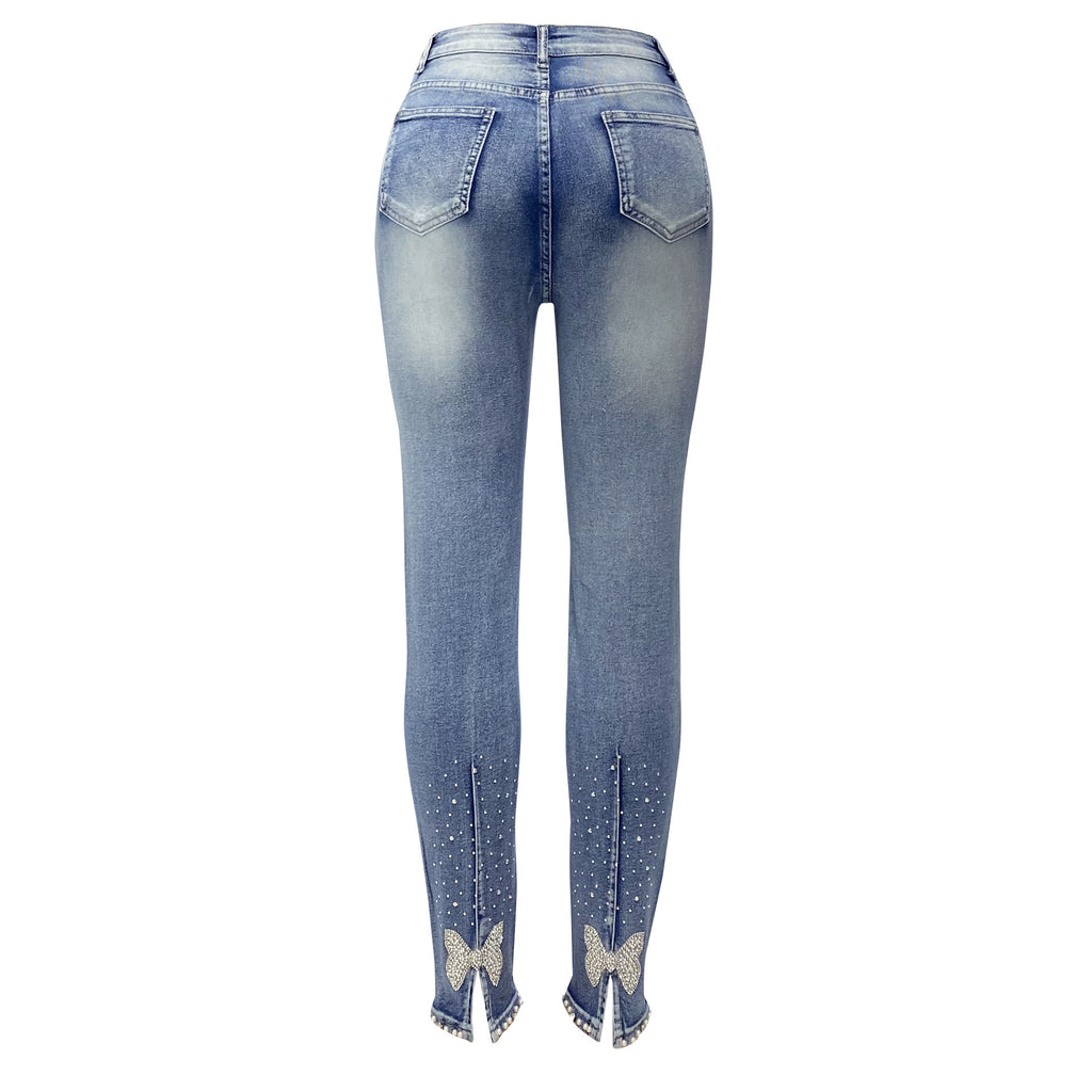 Women's Jeans Trendy High Waist Beaded Skinny Tapered Pants