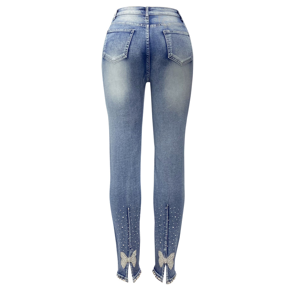 Women's Jeans Trendy High Waist Beaded Skinny Tapered Pants