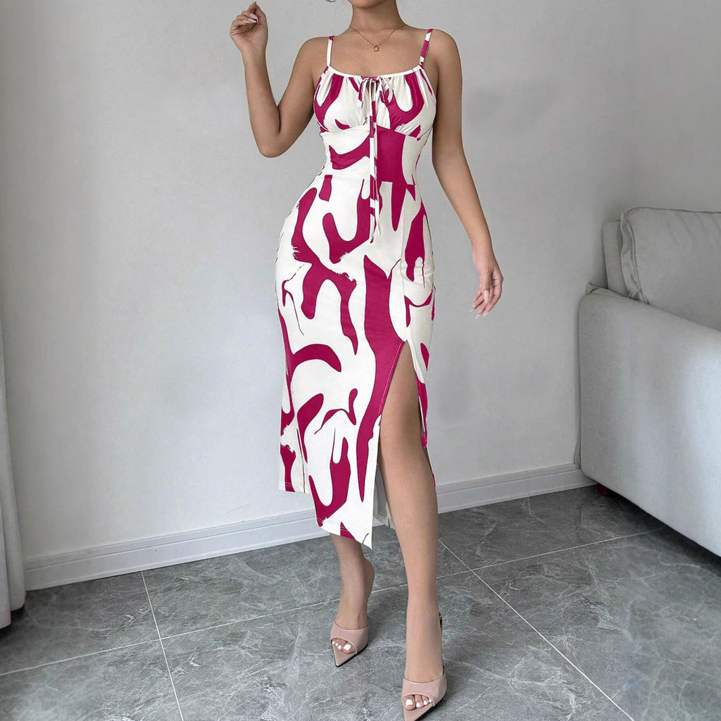 Summer Printed Suspender Split Dress