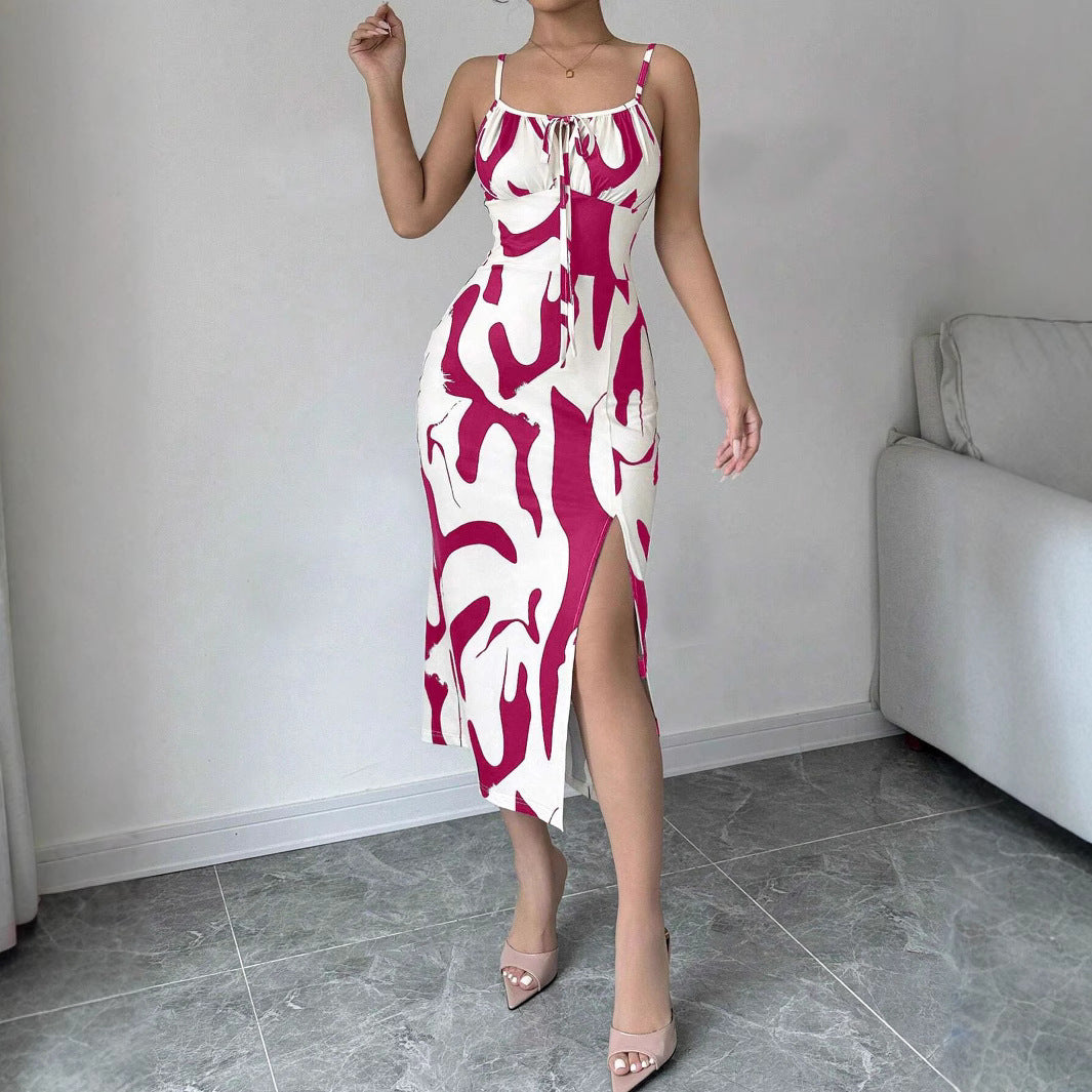Summer Printed Suspender Split Dress