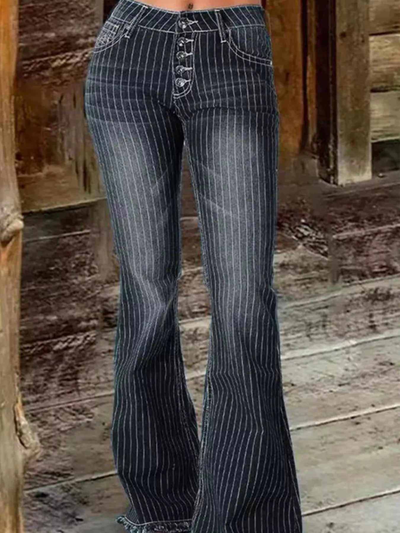 Shop Striped Button Fly Flare Jeans - Women's Fashion | Akatonbo