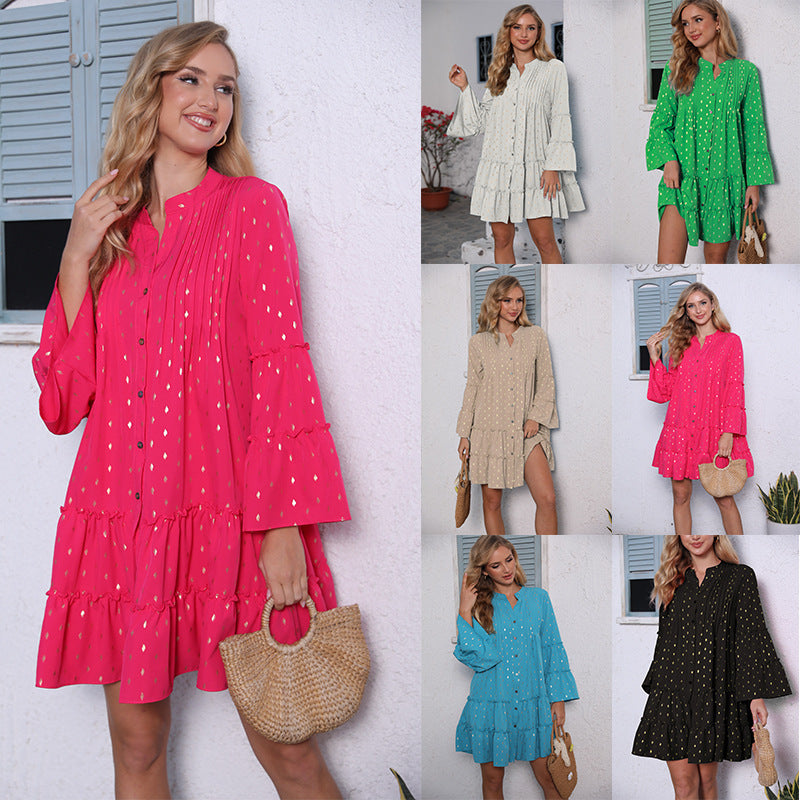 Nuevo vestido plisado plisado bronceado estampado de manga larga, diseño de botón, holgado, ropa de moda para mujer