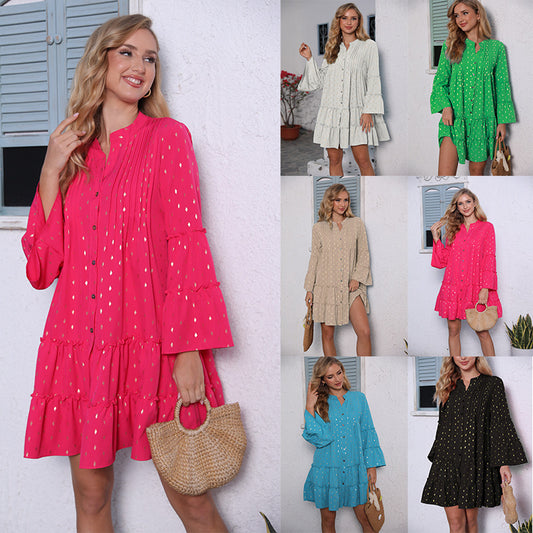 Nuevo vestido plisado plisado bronceado estampado de manga larga, diseño de botón, holgado, ropa de moda para mujer