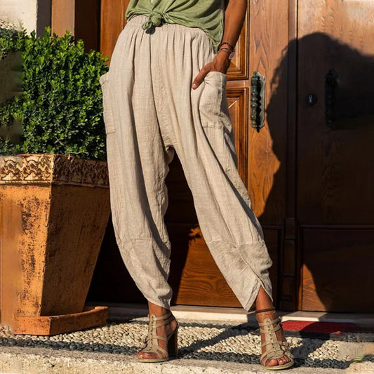 Pantalones bombachos informales sueltos de algodón y lino para mujer