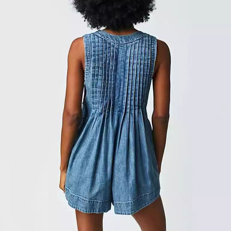 V-neck Sleeveless Denim Shorts Jumpsuit With Pockets