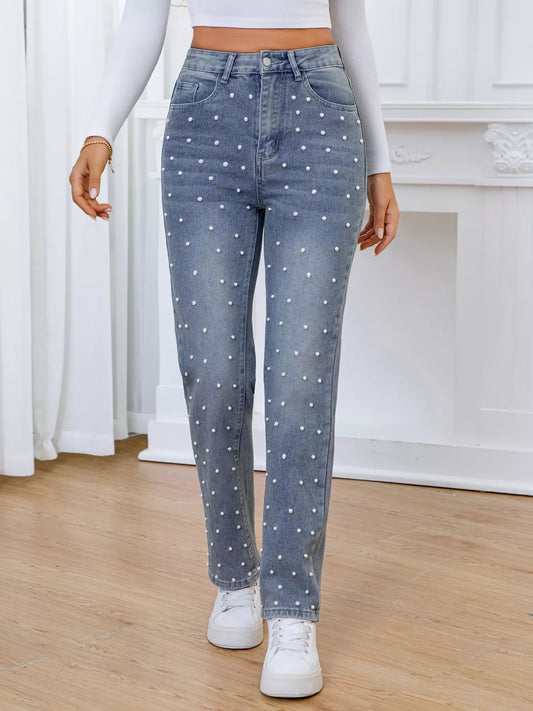 Shop Pearl Embellished High Waist Straight Jeans - Women's Fashion | Akatonbo