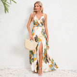 V-neck Floral Print Long Dress Summer Fashion Waist Tie Slit Design Sleeveless Dress For Womens Clothing