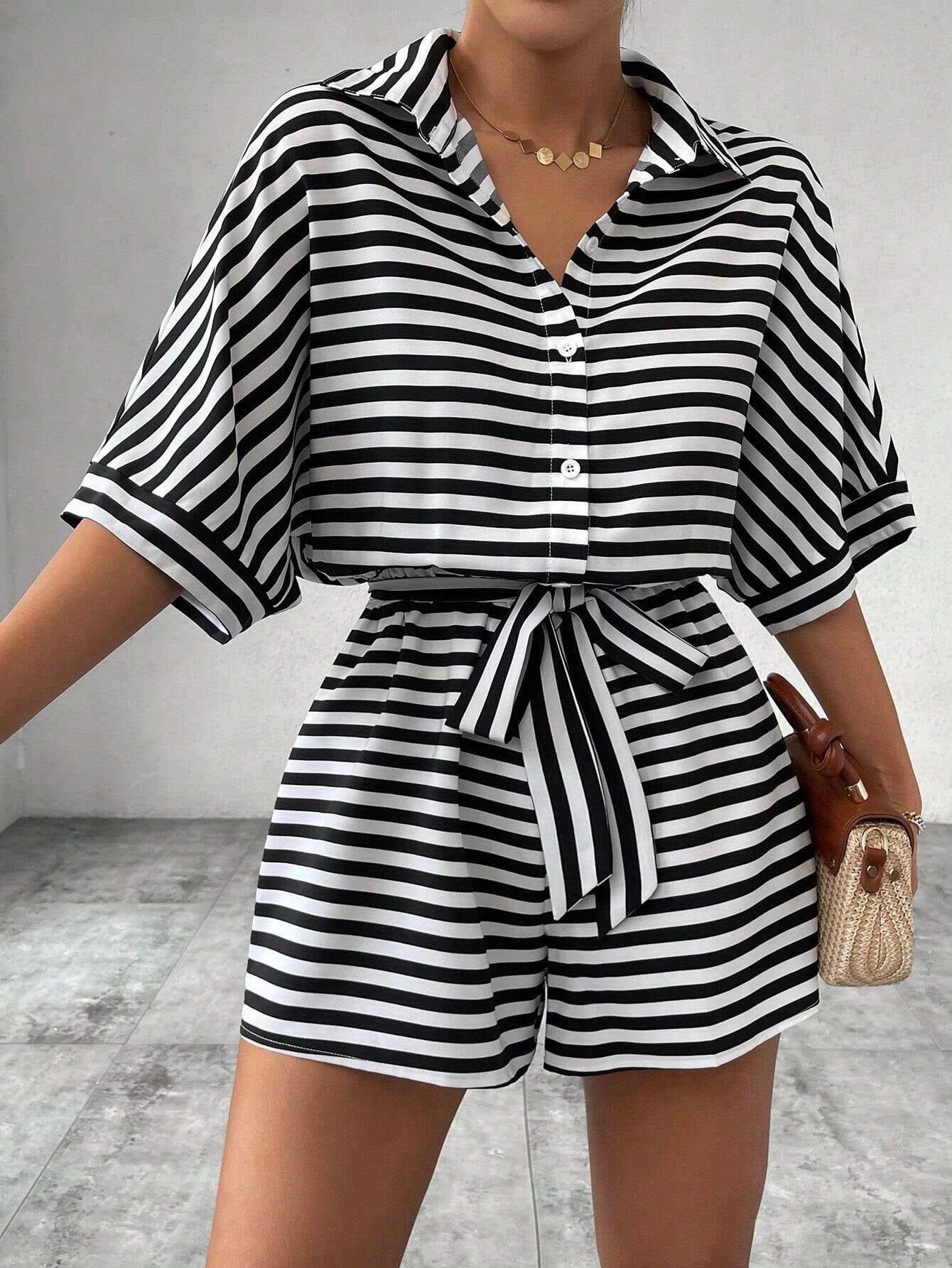 Striped Lapel Cardigan Button Half Sleeve Belt Shorts Suit Jumpsuit