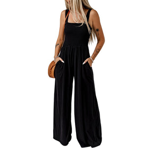High Waist Jumpsuit Women's Backless Pleated Design Wide Leg Trousers